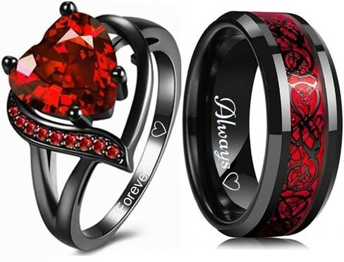 Custom Engraved Couple Rings Set Promise Rings for Him and Her Red and Black Matching Wedding Rings for Couples Engagement Rings Sets Celtic Dragon Tungsten Ring Red Ruby Rings for Women in Kuwait