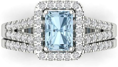 1.57ct Emerald Cut Natural Aquamarine 14k White Gold Halo Solitaire with Accents Wedding Bridal Promise Ring Band Set in Saudi Arabia