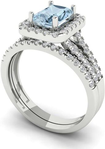 1.57ct Emerald Cut Natural Aquamarine 14k White Gold Halo Solitaire with Accents Wedding Bridal Promise Ring Band Set in Saudi Arabia