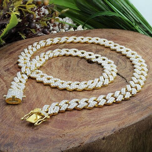 SAVEARTH DIAMONDS Certified 20 Cttw to 26 Cttw Round Cut Lab Created Moissanite Diamond 12MM Width Cuban Chain Necklace In 10K or 14K Solid Gold 18" to 24" Length, G-H/VVS1 in Kuwait