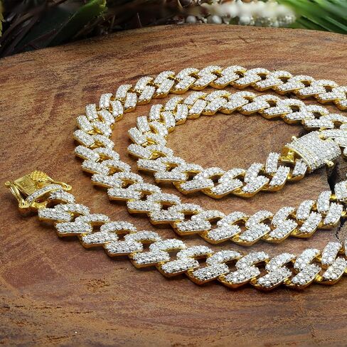 SAVEARTH DIAMONDS Certified 20 Cttw to 26 Cttw Round Cut Lab Created Moissanite Diamond 12MM Width Cuban Chain Necklace In 10K or 14K Solid Gold 18" to 24" Length, G-H/VVS1 in Kuwait
