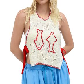 Women Graphic Sweater Vest Y2k Sleeveless Lobster Pullover Top Crew Neck Lightweight Fall Knit Tank Top in Saudi Arabia