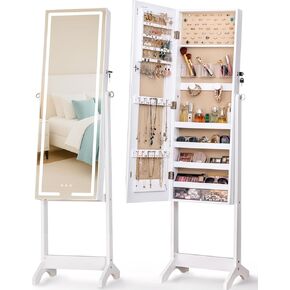 Luxfurni LED LED Mirror Jewelry Jewelet Daying Jewelry Armoire ، 60 "طول مرآة كاملة مع تخزين المجوهرات ، 3 أوضاع ملونة ، 3 زوايا قابلة للتعديل ، مرآة منظم المجوهرات القابلة للقفل ، أبيض in Kuwait
