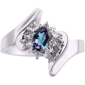 Rylos Floral Designer Ring with 6X4MM Oval Gemstone & Sparkling Diamonds in Sterling Silver- Birthstone Jewelry for Women - Available in Sizes 5 to 10 Embrace Elegance! in Kuwait