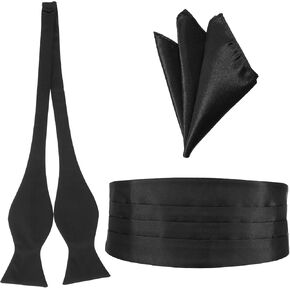 Men‘s Cumberbund and Bow Tie Set, Adjustable Satin Cummerbund Black with Pocket Squares Bow Ties for Men, Solid Color Elegant Tuxedo 3-Pieces Set for Formal Events in Saudi Arabia
