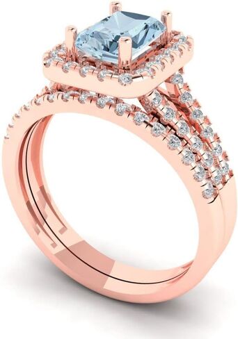 1.57ct Emerald Cut Natural Aquamarine 14k White Gold Halo Solitaire with Accents Wedding Bridal Promise Ring Band Set in Saudi Arabia