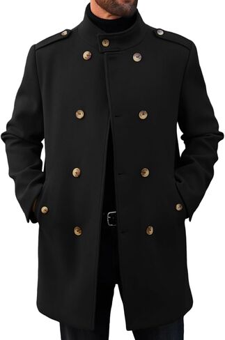 Runcati Mens Trench Coat Double Breadged Stand Stand Coat Pea Coat Discal Winter Winter Mid Long Overcoat in Kuwait