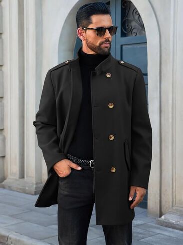 Runcati Mens Trench Coat Double Breadged Stand Stand Coat Pea Coat Discal Winter Winter Mid Long Overcoat in Kuwait