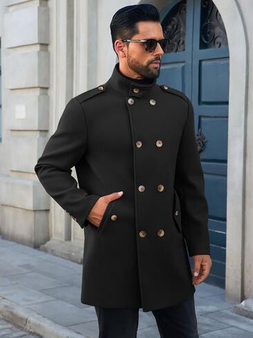 Runcati Mens Trench Coat Double Breadged Stand Stand Coat Pea Coat Discal Winter Winter Mid Long Overcoat in Kuwait