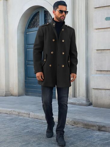 Runcati Mens Trench Coat Double Breadged Stand Stand Coat Pea Coat Discal Winter Winter Mid Long Overcoat in Kuwait
