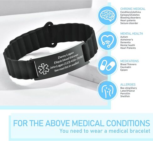 Custom Medical Alert Bracelet Personalized Engraving Medic Info ID Bracelet Customized Emergency Medical Bracelets Gifts for Men Women Dad Fathers Day in Saudi Arabia