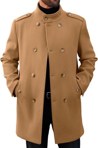 Runcati Mens Trench Coat Double Breadged Stand Stand Coat Pea Coat Discal Winter Winter Mid Long Overcoat in Kuwait