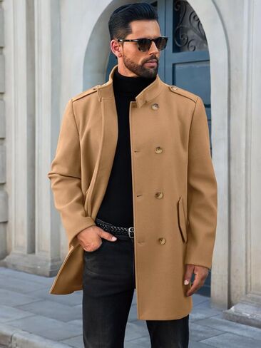 Runcati Mens Trench Coat Double Breadged Stand Stand Coat Pea Coat Discal Winter Winter Mid Long Overcoat in Kuwait