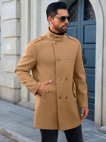 Runcati Mens Trench Coat Double Breadged Stand Stand Coat Pea Coat Discal Winter Winter Mid Long Overcoat in Kuwait