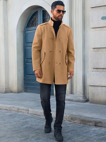 Runcati Mens Trench Coat Double Breadged Stand Stand Coat Pea Coat Discal Winter Winter Mid Long Overcoat in Kuwait