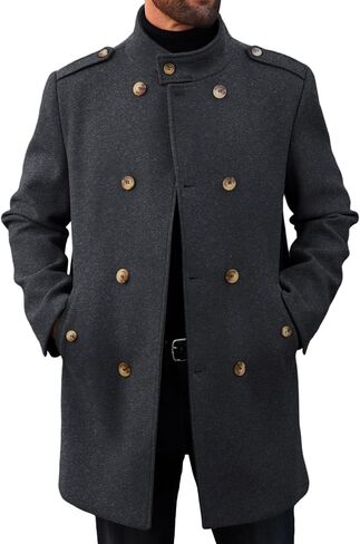 Runcati Mens Trench Coat Double Breadged Stand Stand Coat Pea Coat Discal Winter Winter Mid Long Overcoat in Kuwait