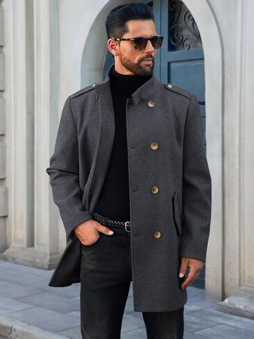 Runcati Mens Trench Coat Double Breadged Stand Stand Coat Pea Coat Discal Winter Winter Mid Long Overcoat in Kuwait
