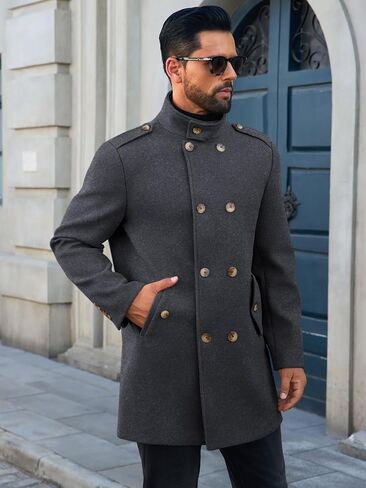 Runcati Mens Trench Coat Double Breadged Stand Stand Coat Pea Coat Discal Winter Winter Mid Long Overcoat in Kuwait