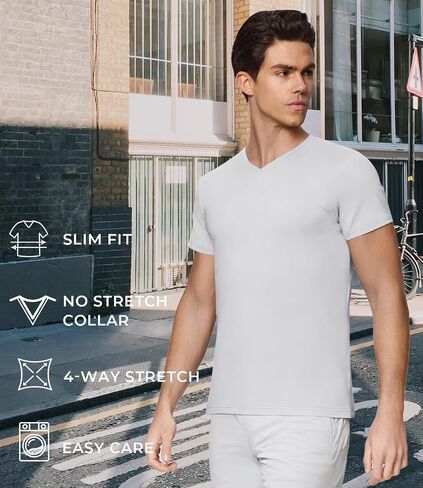 BAMBOO COOL Men’s Undershirts Slim Fit V-Neck/Crewneck, Moisture-Wicking T-Shirts Soft Stretch White Tees for Men, 3 Pack in Kuwait