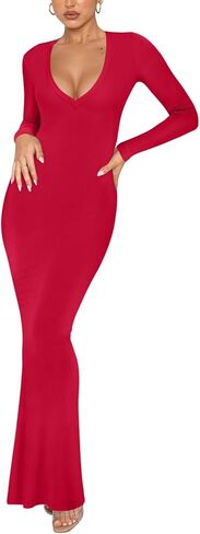 REORIA Women's Long Sleeve Bodycon Maxi Dress Ribbed Sexy V Neck Formal Elegant Long Dresses Cocktail Night Out Club Outfits in Saudi Arabia