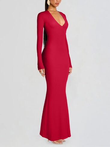REORIA Women's Long Sleeve Bodycon Maxi Dress Ribbed Sexy V Neck Formal Elegant Long Dresses Cocktail Night Out Club Outfits in Saudi Arabia