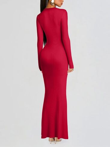 REORIA Women's Long Sleeve Bodycon Maxi Dress Ribbed Sexy V Neck Formal Elegant Long Dresses Cocktail Night Out Club Outfits in Saudi Arabia