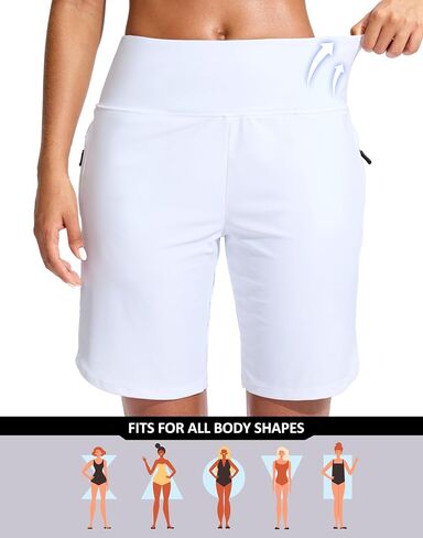 G Gradual Women's 9" Long Swim Board Shorts with Zipper Pockets High Waisted Knee Length Beach Swimming Shorts with Liner in Kuwait