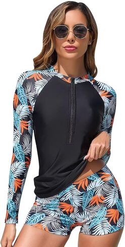 Womens 2 قطعة واقي متاح للربح UPF 50+ قميص سباحة zip وسروال شورت بدلات الاستحمام طويلة الأكمام مع البناء في حمالة الصدر in Kuwait