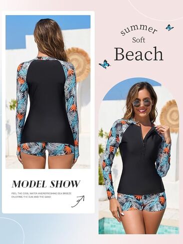 Womens 2 قطعة واقي متاح للربح UPF 50+ قميص سباحة zip وسروال شورت بدلات الاستحمام طويلة الأكمام مع البناء في حمالة الصدر in Kuwait
