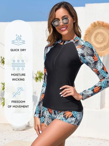 Womens 2 قطعة واقي متاح للربح UPF 50+ قميص سباحة zip وسروال شورت بدلات الاستحمام طويلة الأكمام مع البناء في حمالة الصدر in Kuwait