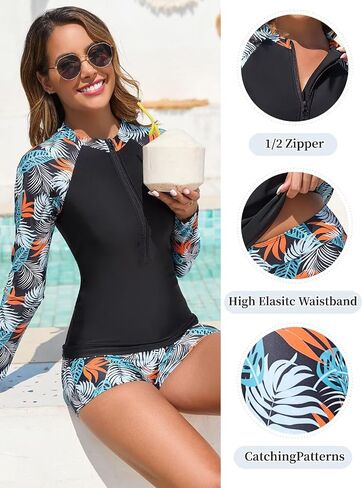 Womens 2 قطعة واقي متاح للربح UPF 50+ قميص سباحة zip وسروال شورت بدلات الاستحمام طويلة الأكمام مع البناء في حمالة الصدر in Kuwait