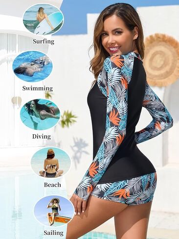 Womens 2 قطعة واقي متاح للربح UPF 50+ قميص سباحة zip وسروال شورت بدلات الاستحمام طويلة الأكمام مع البناء في حمالة الصدر in Kuwait