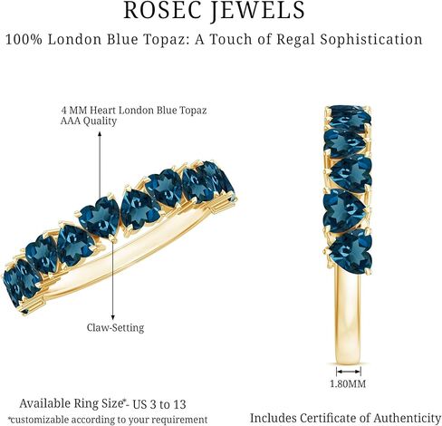 Natural London Blue Topaz Heart Eternity Band for Women, 4 mm Heart Shape Blue Topaz Ring, Aaa Quality - Ready To Gift in Saudi Arabia