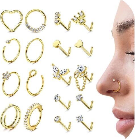 Thunaraz 18g 20g hypoallergenic stefice steel حلقات الأنف طوق l شكل أنف ترصيع القلب لطيف مربع تشيك ست أنف العظم المسمار المجوهرات ثقب المجوهرات للنساء in Saudi Arabia