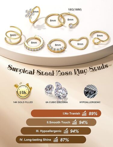 Thunaraz 18g 20g hypoallergenic stefice steel حلقات الأنف طوق l شكل أنف ترصيع القلب لطيف مربع تشيك ست أنف العظم المسمار المجوهرات ثقب المجوهرات للنساء in Saudi Arabia
