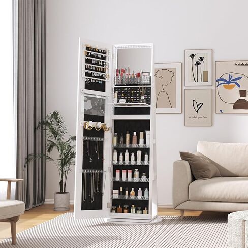 خزانة مجوهرات المرآة LED تقف ، ومجوهرات armoire مع مرآة كاملة وأضواء LED قابلة للتعديل ، 360 درجة من منظم المجوهرات دوارة تخزين ، أبيض in Saudi Arabia