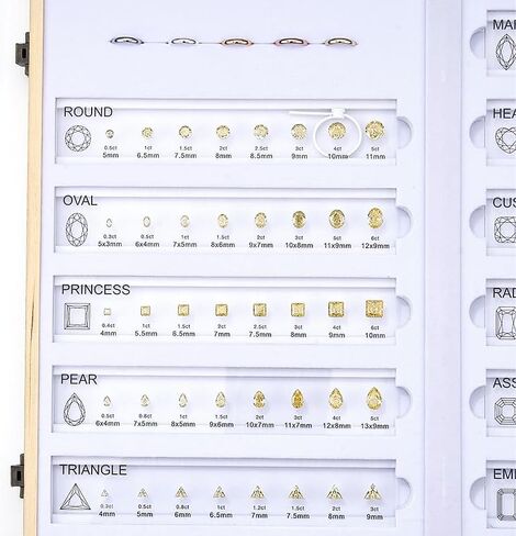 Diamond Size Shape Guide Selector Kit, 5A Cubic Zirconia Engagement Ring Size Comparison Tool Box, 11 Classic Diamond Cutting Shape Mix 8 Different Size With Ring Measuring Ruler -Yellow in Saudi Arabia