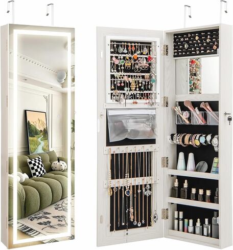 خزانة مجوهرات مرآة LED Charmaid ، 47.2 '' المجوهرات armoire مع مرآة كاملة الطول المضاءة ، مثبتة على الحائط أو معلقة ، تخزين منظم المجوهرات القابل للقفل (أبيض رمادي ، 47.2'H) in Saudi Arabia