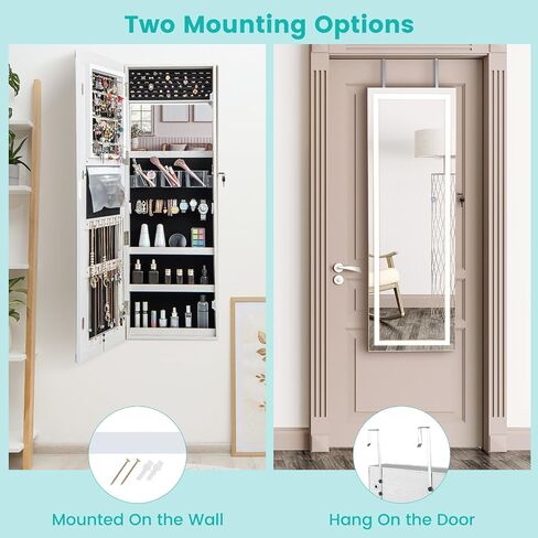 خزانة مجوهرات مرآة LED Charmaid ، 47.2 '' المجوهرات armoire مع مرآة كاملة الطول المضاءة ، مثبتة على الحائط أو معلقة ، تخزين منظم المجوهرات القابل للقفل (أبيض رمادي ، 47.2'H) in Saudi Arabia