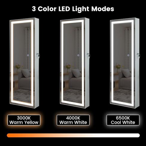 خزانة مجوهرات مرآة LED Charmaid ، 47.2 '' المجوهرات armoire مع مرآة كاملة الطول المضاءة ، مثبتة على الحائط أو معلقة ، تخزين منظم المجوهرات القابل للقفل (أبيض رمادي ، 47.2'H) in Saudi Arabia