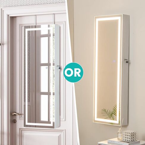خزانة مجوهرات مرآة LED Charmaid ، 47.2 '' المجوهرات armoire مع مرآة كاملة الطول المضاءة ، مثبتة على الحائط أو معلقة ، تخزين منظم المجوهرات القابل للقفل (أبيض رمادي ، 47.2'H) in Saudi Arabia