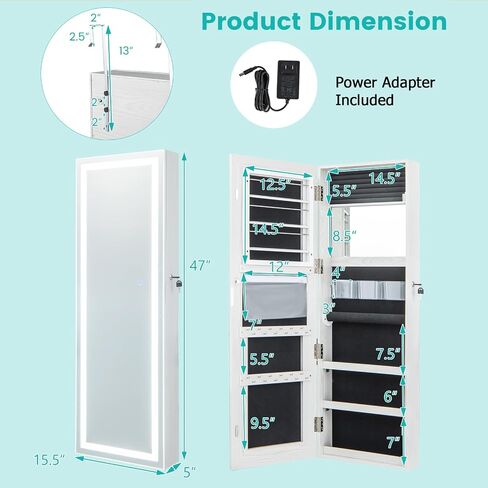 خزانة مجوهرات مرآة LED Charmaid ، 47.2 '' المجوهرات armoire مع مرآة كاملة الطول المضاءة ، مثبتة على الحائط أو معلقة ، تخزين منظم المجوهرات القابل للقفل (أبيض رمادي ، 47.2'H) in Saudi Arabia