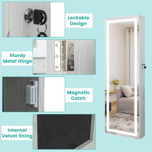 خزانة مجوهرات مرآة LED Charmaid ، 47.2 '' المجوهرات armoire مع مرآة كاملة الطول المضاءة ، مثبتة على الحائط أو معلقة ، تخزين منظم المجوهرات القابل للقفل (أبيض رمادي ، 47.2'H) in Saudi Arabia