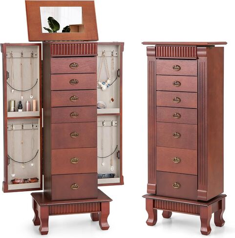 Giantex Standing Jewelry Armoire Cabinet Storage Chest with 7 Drawers, 2 Side Doors, 12 Necklace Hooks, Makeup Mirror and Top Divided Storage Organizer, Large Standing Jewelry Armoire in Saudi Arabia