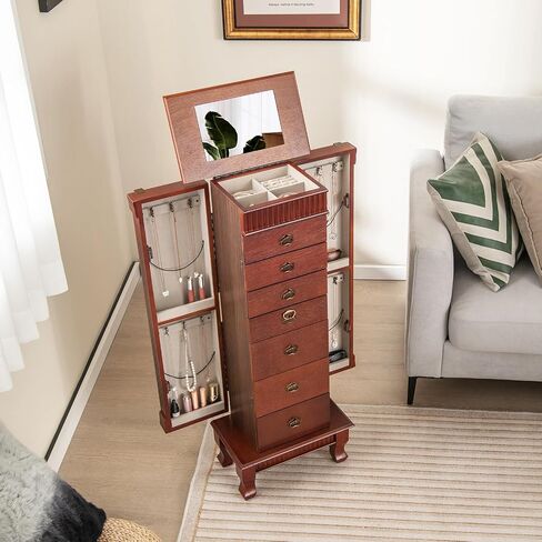 Giantex Standing Jewelry Armoire Cabinet Storage Chest with 7 Drawers, 2 Side Doors, 12 Necklace Hooks, Makeup Mirror and Top Divided Storage Organizer, Large Standing Jewelry Armoire in Saudi Arabia