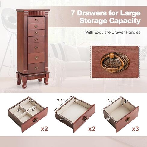 Giantex Standing Jewelry Armoire Cabinet Storage Chest with 7 Drawers, 2 Side Doors, 12 Necklace Hooks, Makeup Mirror and Top Divided Storage Organizer, Large Standing Jewelry Armoire in Saudi Arabia