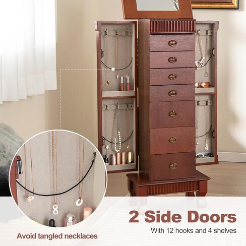 Giantex Standing Jewelry Armoire Cabinet Storage Chest with 7 Drawers, 2 Side Doors, 12 Necklace Hooks, Makeup Mirror and Top Divided Storage Organizer, Large Standing Jewelry Armoire in Saudi Arabia