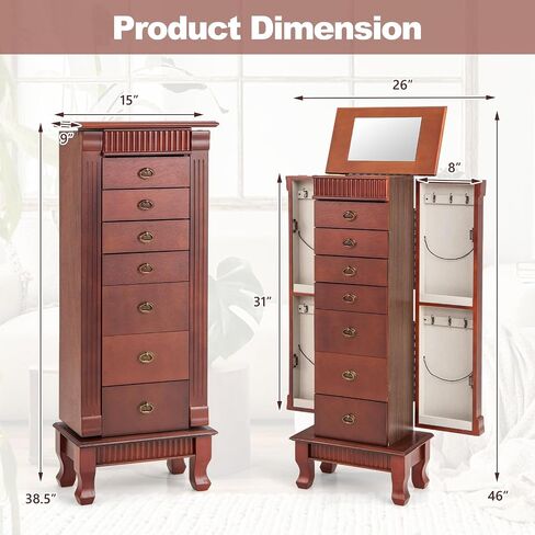 Giantex Standing Jewelry Armoire Cabinet Storage Chest with 7 Drawers, 2 Side Doors, 12 Necklace Hooks, Makeup Mirror and Top Divided Storage Organizer, Large Standing Jewelry Armoire in Saudi Arabia