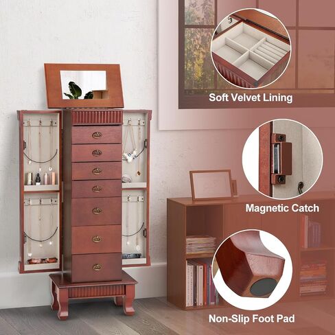 Giantex Standing Jewelry Armoire Cabinet Storage Chest with 7 Drawers, 2 Side Doors, 12 Necklace Hooks, Makeup Mirror and Top Divided Storage Organizer, Large Standing Jewelry Armoire in Saudi Arabia
