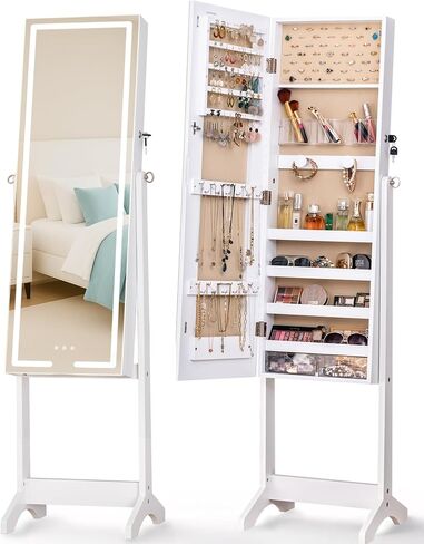 Luxfurni LED LED Mirror Jewelry Jewelet Daying Jewelry Armoire ، 60 "طول مرآة كاملة مع تخزين المجوهرات ، 3 أوضاع ملونة ، 3 زوايا قابلة للتعديل ، مرآة منظم المجوهرات القابلة للقفل ، أبيض in Kuwait